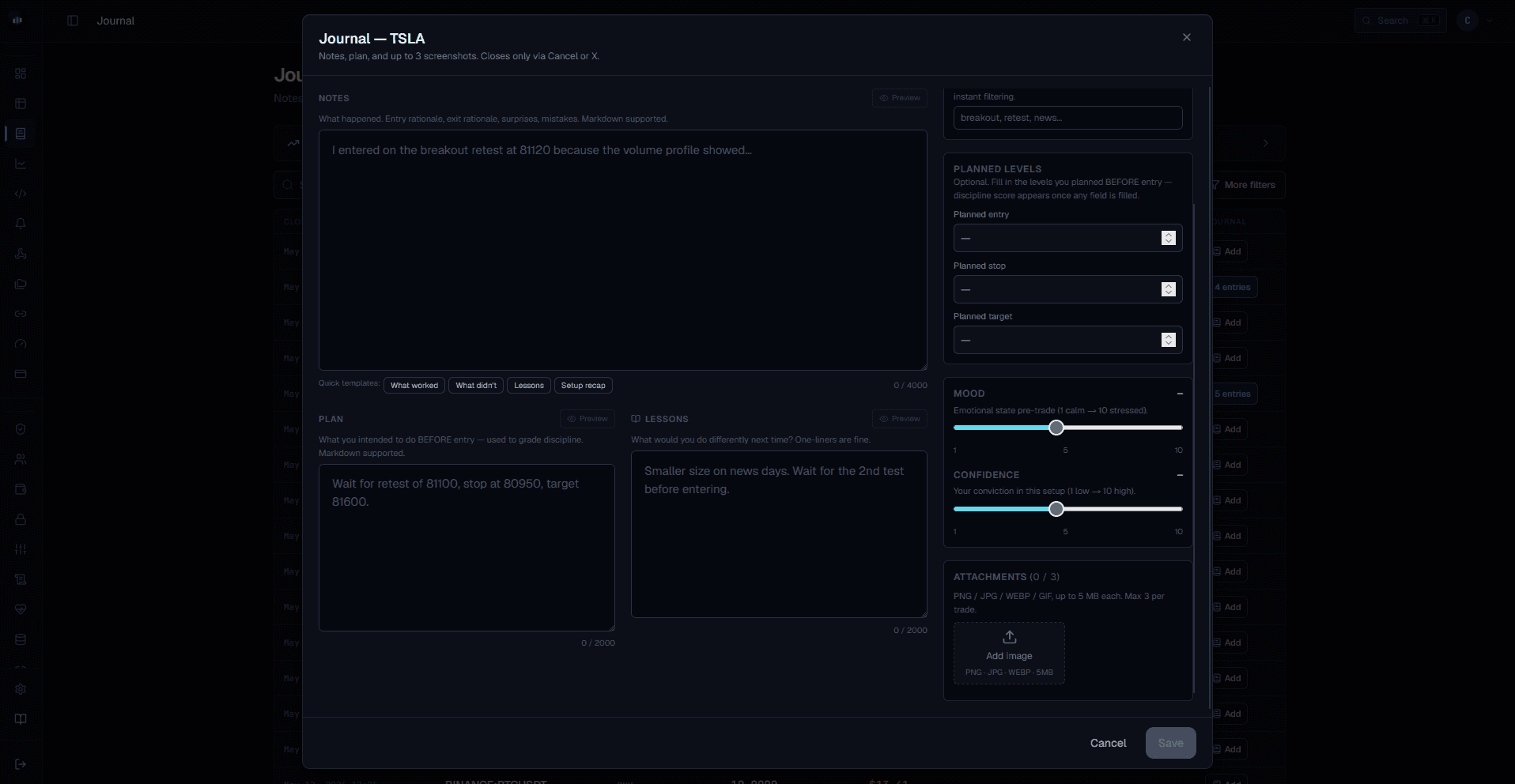 Spectra Terminal — trade journal entry with notes, plan, mood