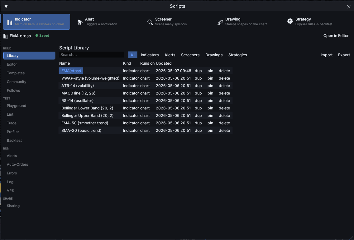 Spectra Dashboard — script library (indicators, alerts, screeners, drawings, strategies)